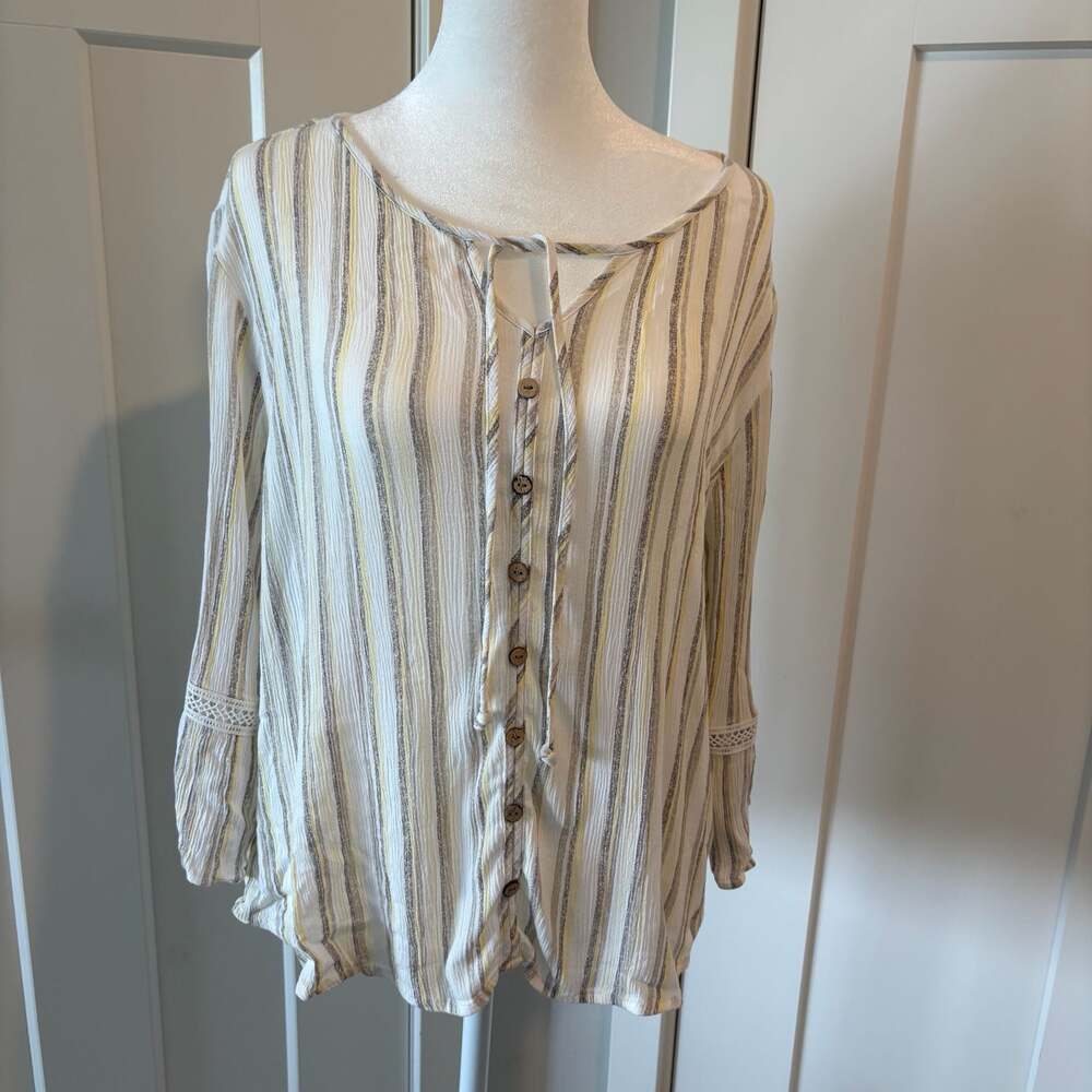 I.N. Studio Petite Large Striped Button-Down Blouse Festival Boho Fairy Blouse